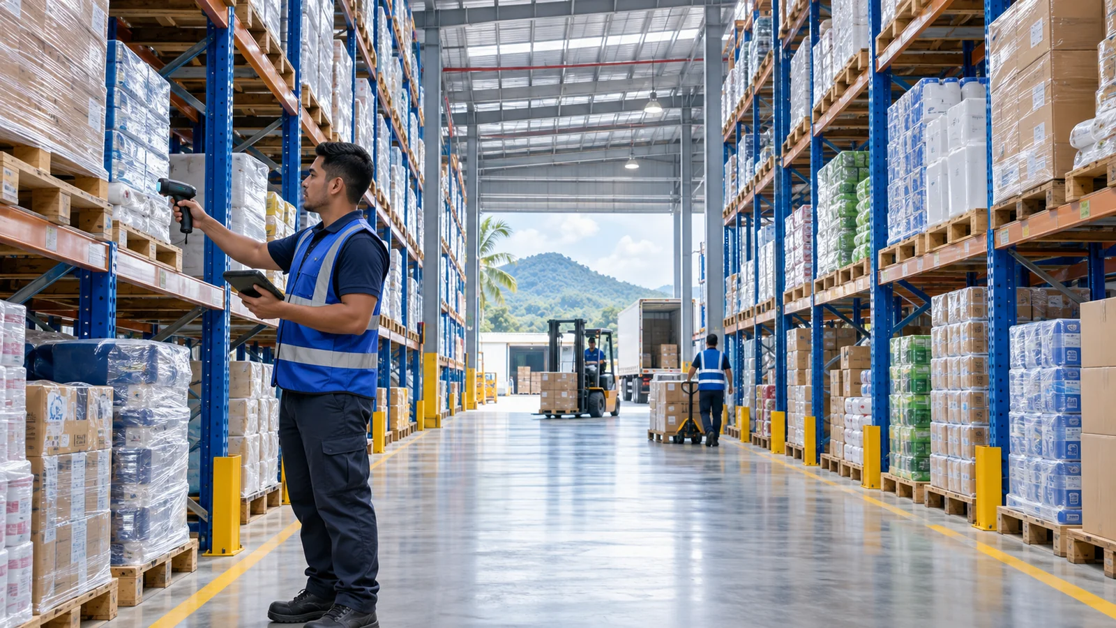 Centro de distribución con estanterías, mercancía y operario escaneando inventario